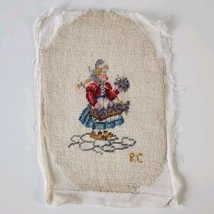Vintage Tapestry Needlepoint Finished Piece Cottagecore Picture Wool Girl Flower